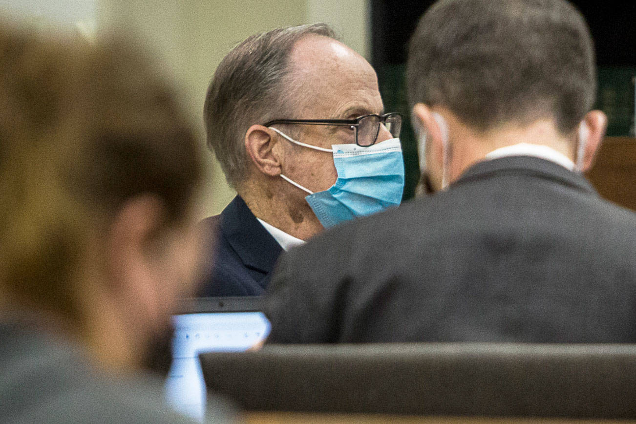 Terrence Miller listens to testimony during his trial at the Snohomish County Courthouse on Thursday, Nov. 5, 2020 in Everett, Wa. (Olivia Vanni / The Herald)