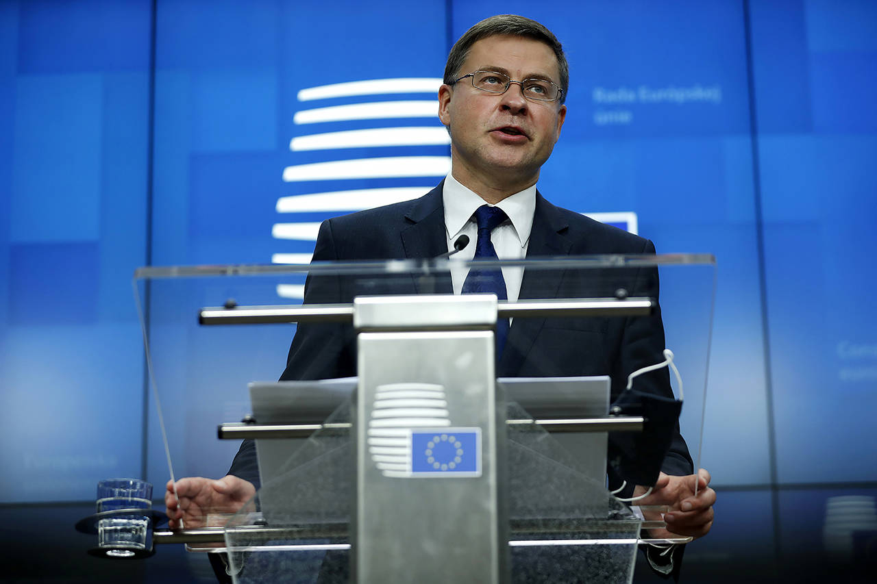 European Commission Vice-President Valdis Dombrovskis addresses a media conference after a meeting of EU trade ministers, in videoconference format, at the European Council building in Brussels on Monday. (AP Photo/Francisco Seco, Pool)