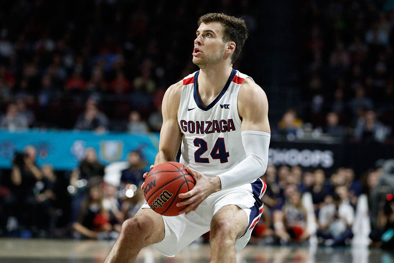 Gonzaga's Corey Kispert (24) plays against Saint Mary's an NCAA college basketball game in the final of the West Coast Conference men's tournament Tuesday, March 10, 2020, in Las Vegas. (AP Photo/John Locher)