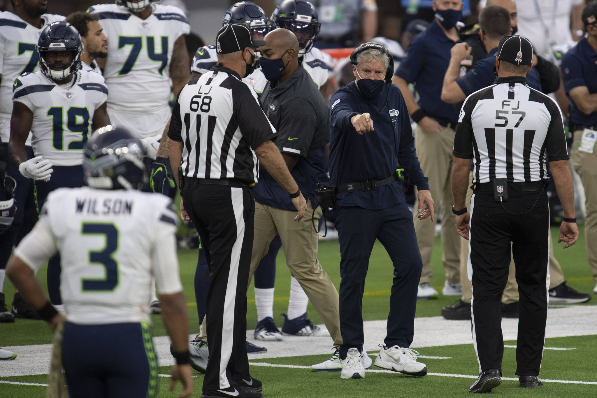 Seattle Seahawks head coach Pete Carroll pleads on a call by referees during Seattle’s 23-16 loss to the Los Angeles Rams on Sunday at SoFi Stadium. (AP Photo/Kyusung Gong)