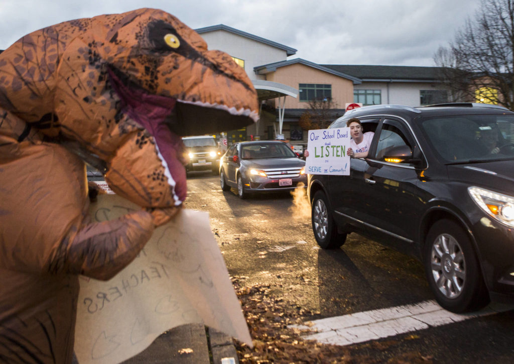 A parade and rally in support of teachers on Thursday in Monroe. (Olivia Vanni / The Herald)
