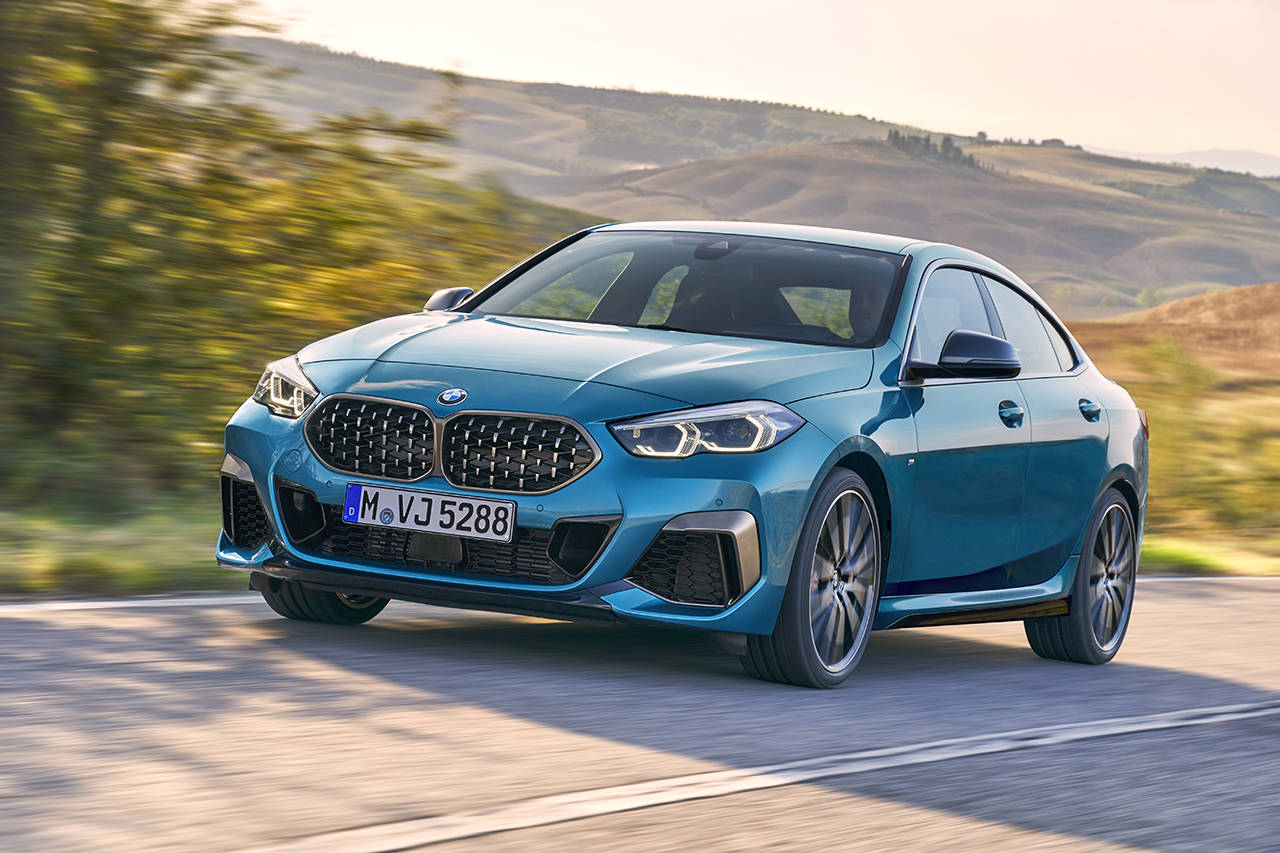 Design elements of the M235i Gran Coupe include angled headlights, four-eyed halo daytime running lights, and BMW’s traditional kidney grille. (Manufacturer photo)