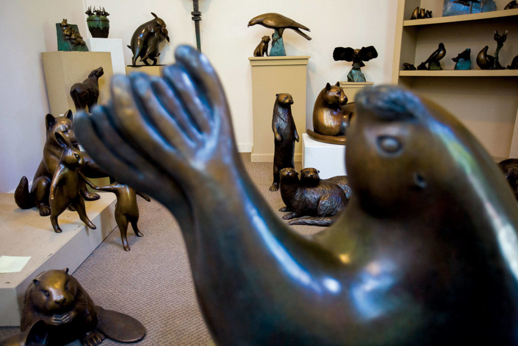 A handful of finished sculptures inside Georgia Gerber’s home studio in Clinton. (Olivia Vanni / The Herald)
