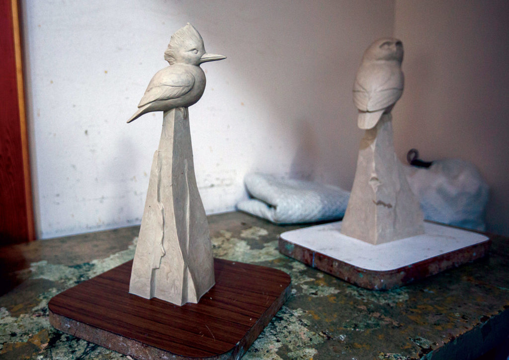 Two sculptures currently in progress at Georgia Gerber’s home studio in Clinton. (Olivia Vanni / The Herald)
