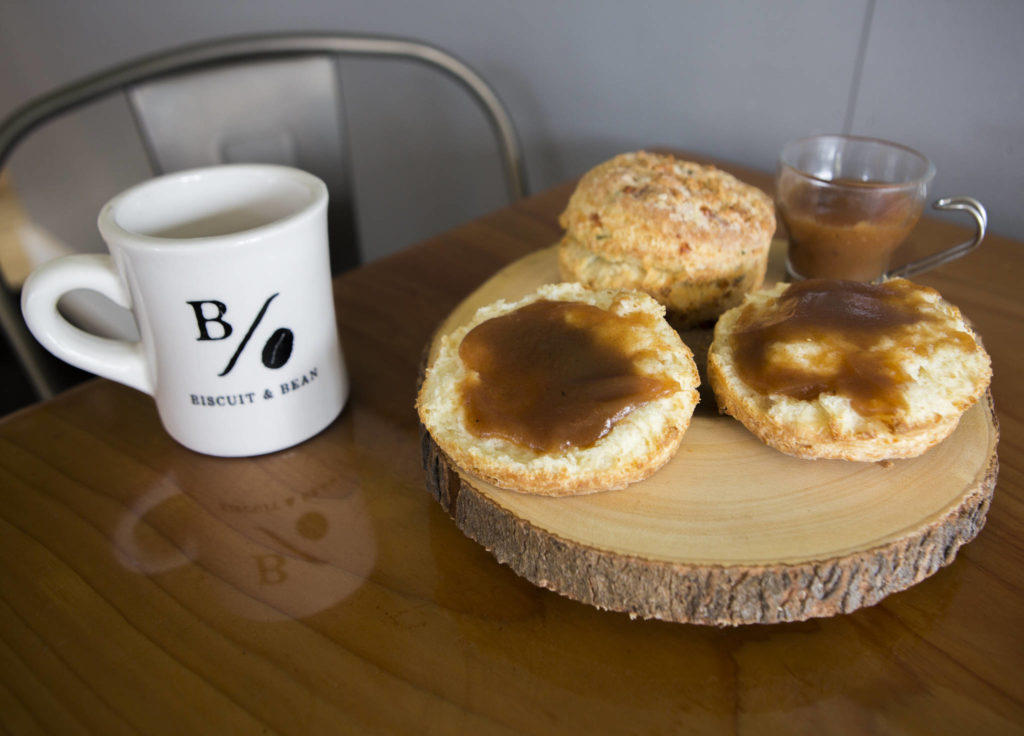 Biscuit & Bean’s buttermilk biscuit with apple butter spread. (Olivia Vanni / The Herald)
