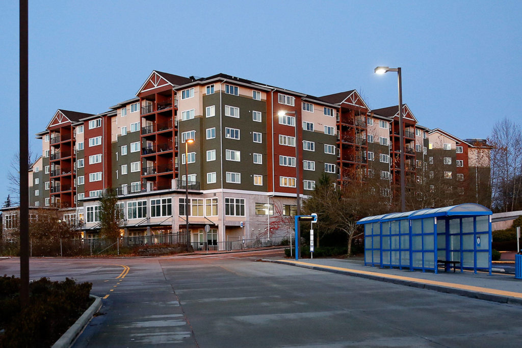 Urban Center Apartments in Lynnwood is an example of housing types that could become more common around the incoming light rail stations. (Kevin Clark / The Herald)

