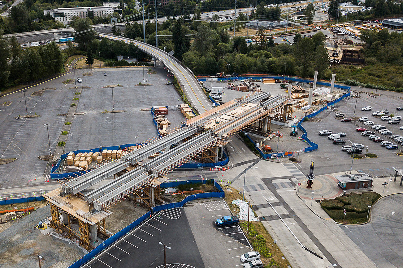 Lynnwood Transit Center Light Rail Station under construction on Thursday, Aug. 20, 2020 in Lynnwood, Wa. (Olivia Vanni / The Herald)