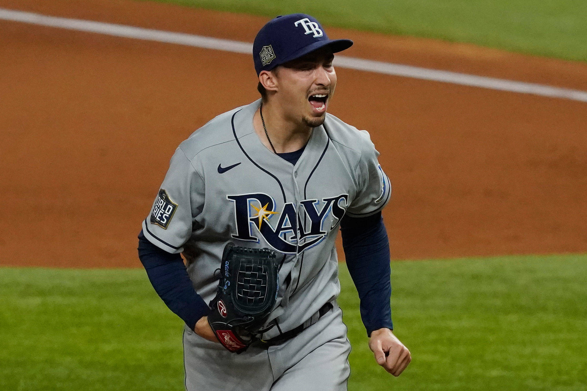Rays starting pitcher Blake Snell, a Shorewood High School graduate, celebrates after striking out the side during the fourth inning of Game 6 of the World Series against the Dodgers on Oct. 27, 2020, in Arlington, Texas. (AP Photo/Tony Gutierrez)