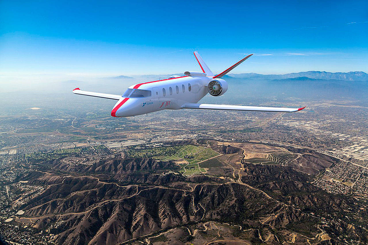 From 2018, an artist’s conception of a Zunum Aero hybrid-electric plane. (Zunum Aero)