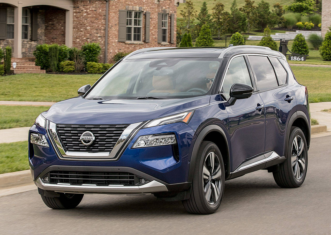 Nissan’s floating roof and V-motion grille design elements enhance the all-new 2021 Rogue. (Nissan)