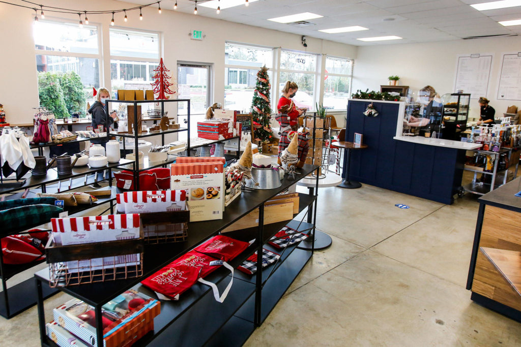 Tables and chairs were replaced with increased retail space at Copper House Stanwood due to COVID restrictions. (Kevin Clark / The Herald)
