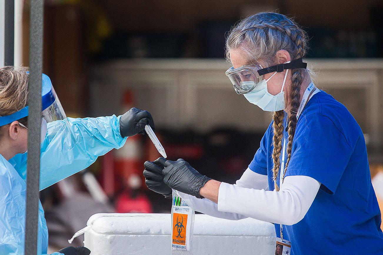 Medical Reserve Corps volunteer Rhonda Tumy collects a  sample from a registered nurse at a COVID-19 testing site held at McCollum Park on Tuesday, June 30, 2020 in Everett, Wa. Tumy has been volunteering for MRC for ---years.  (Andy Bronson / The Herald)