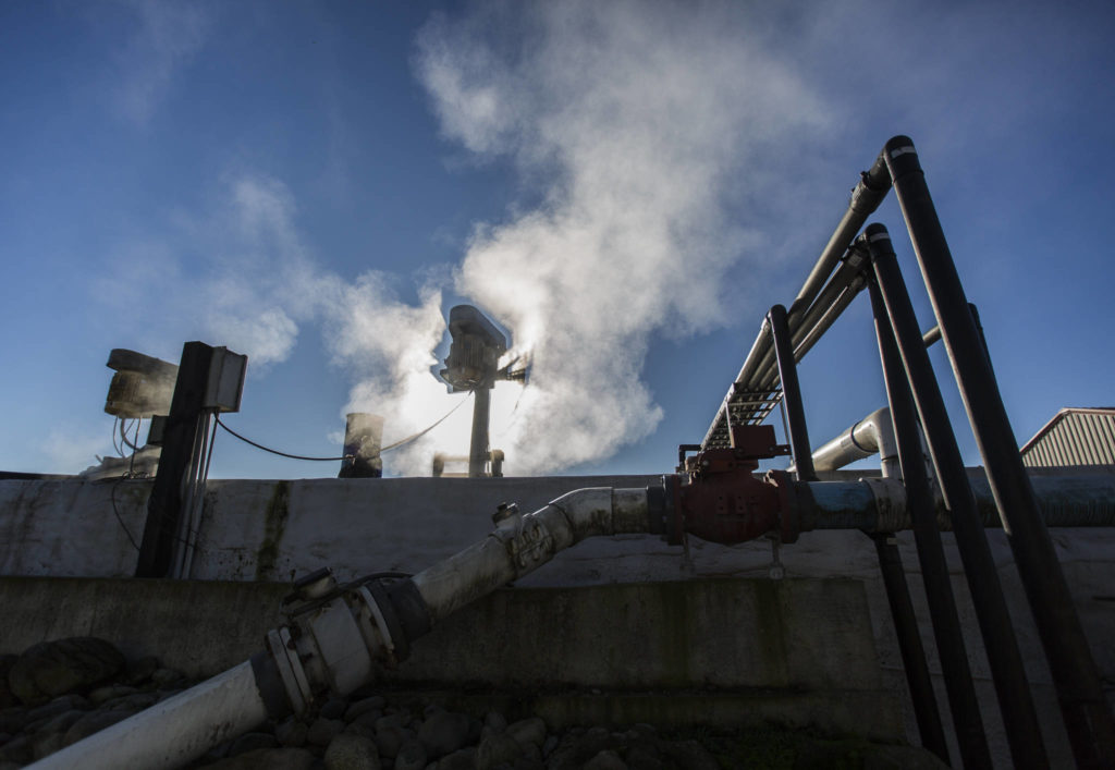 Steam rises from the anaerobic digester’s pump and agitator in Monroe. (Olivia Vanni / The Herald)
