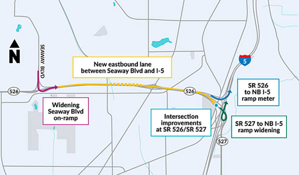 Several improvements are proposed for Highway 526, including another eastbound lane between I-5 and Seaview Boulevard, which connects to Boeing. (WSDOT)
