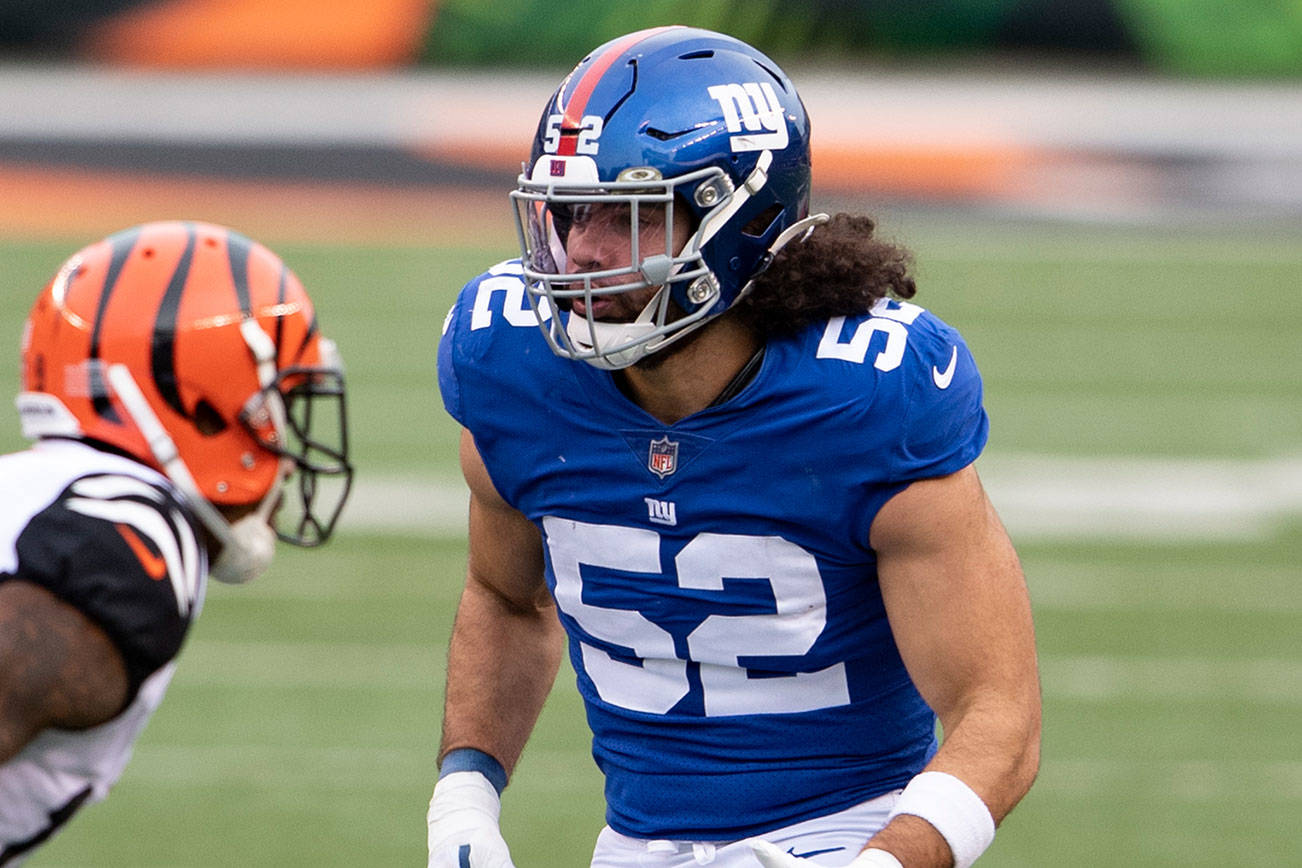 New York Giants linebacker Devante Downs (52) during an NFL football game against the Cincinnati Bengals, Sunday, Nov. 29, 2020, in Cincinnati. (AP Photo/Emilee Chinn)