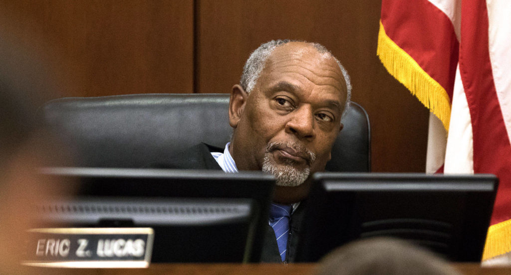 Superior Court Judge Eric Lucas listens to an attorney during the Anthony Garver trial at the Snohomish County Courthouse on Oct. 9, 2019, in Everett. (Andy Bronson / Herald file)
