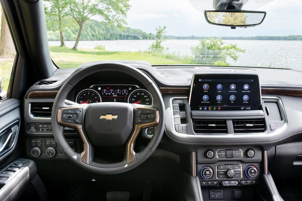 A push-button gear selector in the dash (to the right of the steering wheel) is a new feature of the Chevrolet Tahoe for 2021. The High Country interior is shown here. (Manufacturer photo)

