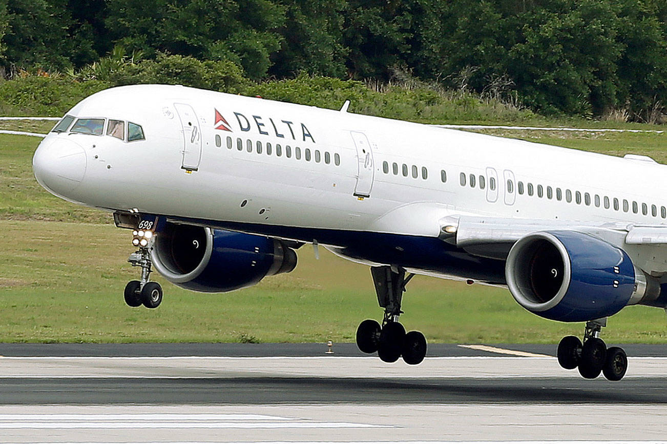 FILE - In this Thursday, May 15, 2014, file photo, a Delta Air Lines Boeing 757-232 lands at the Tampa International Airport in Tampa, Fla. Delta Air Lines, Inc. reports earnings, Wednesday, Oct. 11, 2017. (AP Photo/Chris O'Meara, File)