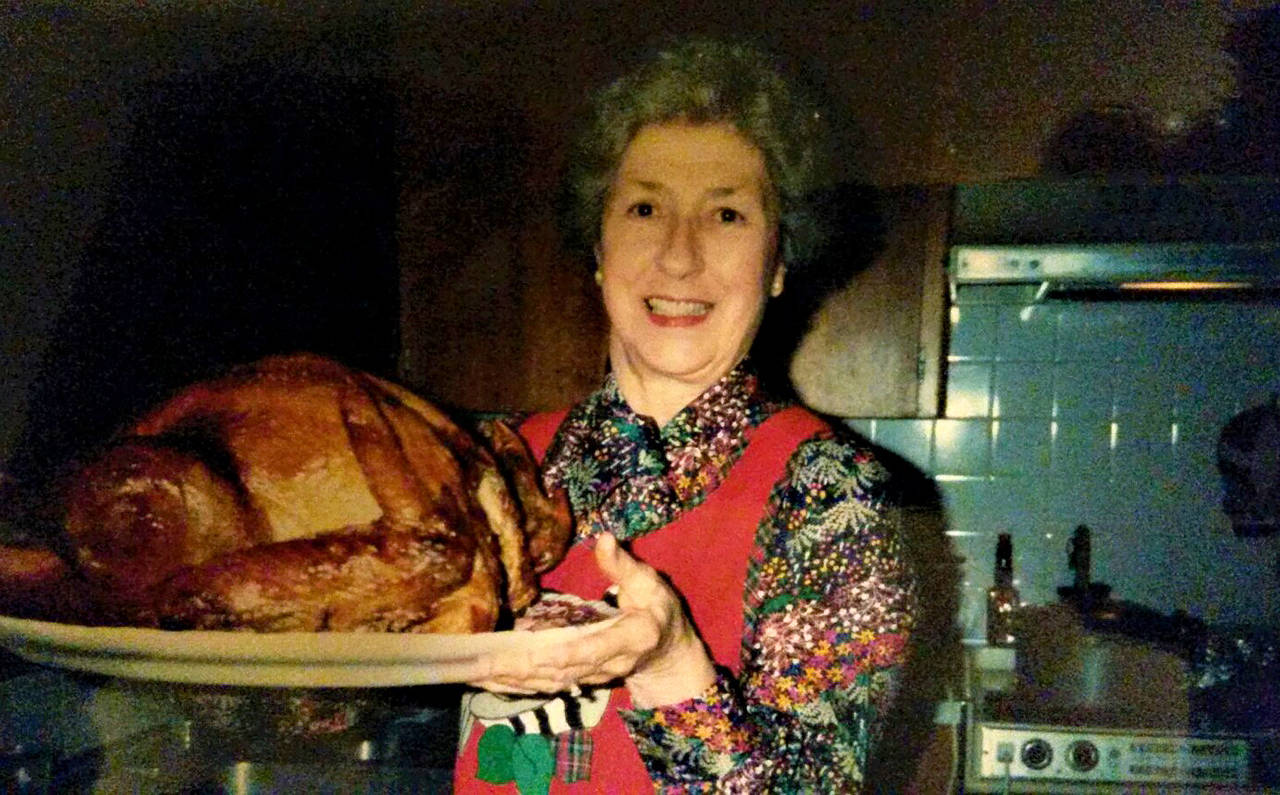 Julie Muhlstein’s mother, Jeanne Ahrens, on a Christmas past in Spokane. She died Nov. 20 at age 98. (Contributed photo)