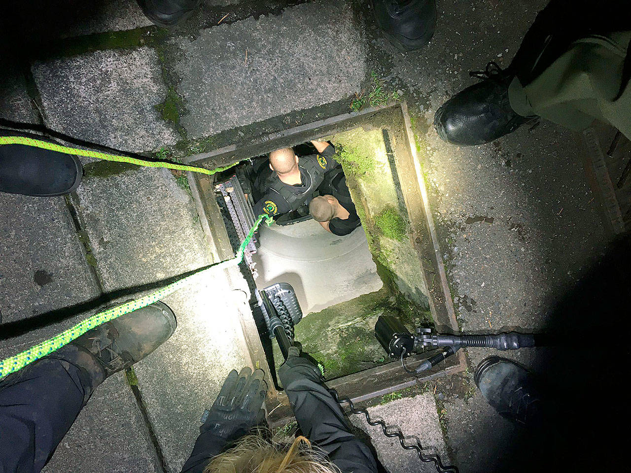 A man allegedly involved in a burglary fled law enforcement and hid in a stormwater pond retention pipe Monday in Lake Stevens. Deputies found and arrested him. (Snohomish County Sheriff’s Office)