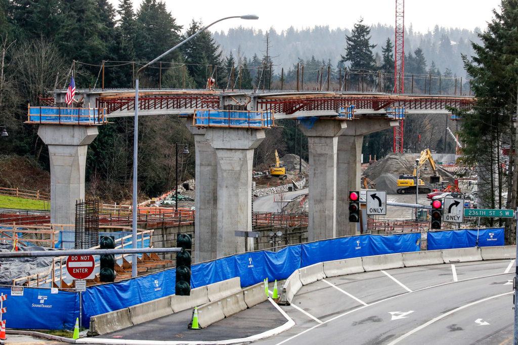 Construction on Friday in Mountlake Terrace of a light rail extension to Lynnwood. (Kevin Clark / The Herald)
