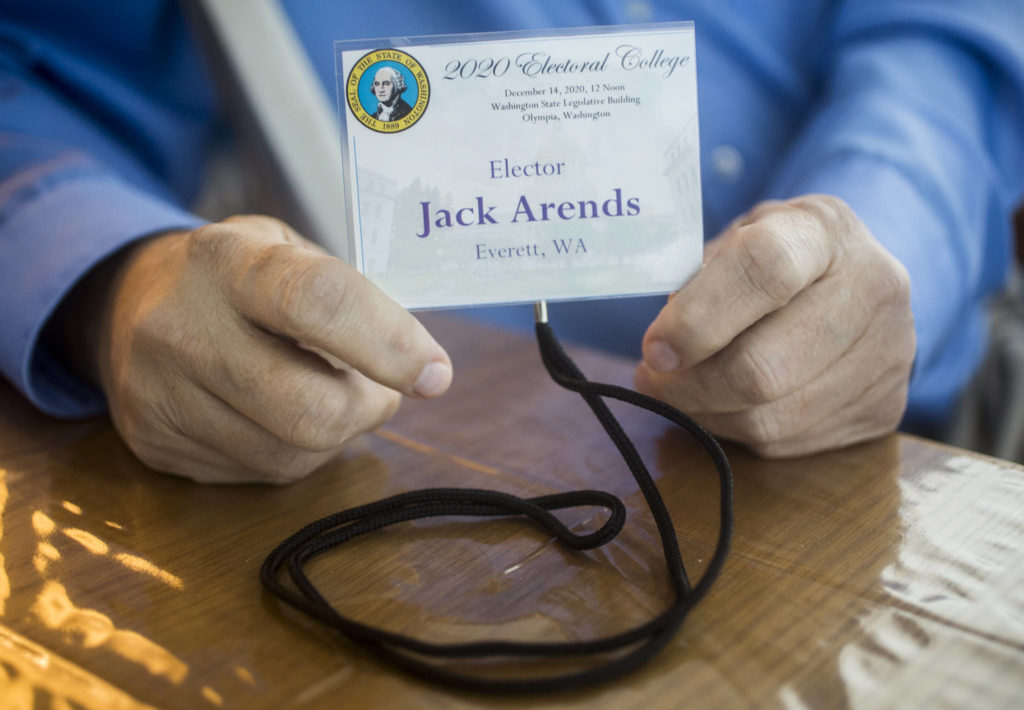 Jack Arends with his elector badge. (Olivia Vanni / The Herald) 
