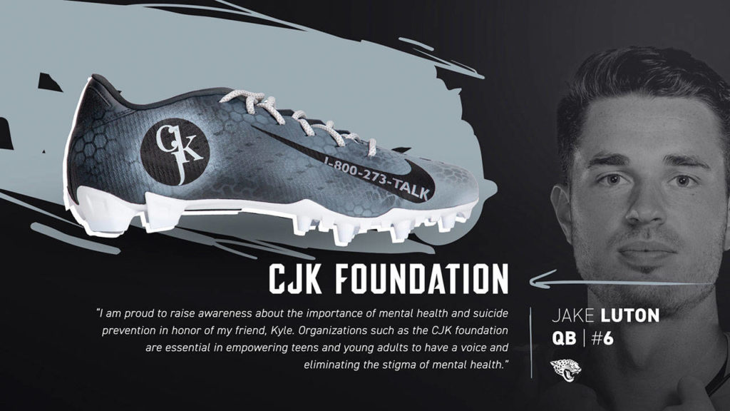 Jaguars quarterback and Marysville Pilchuck alum Jake Luton with his My Cause, My Cleats shoes supporting the Marysville-based CJK Foundation. (Photo courtesy of the Jaguar Foundation)
