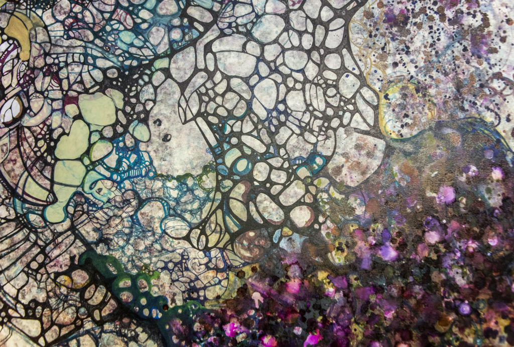 Lu Hernandez makes her own alcohol ink from discarded marking pens for works such as this untitled mixed-media piece on canvas.
(Olivia Vanni / The Herald)

