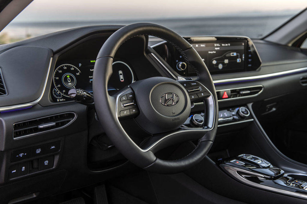 A 10.25-inch touchscreen inserted into the dash highlights the infotainment system in the 2020 Hyundai Sonata Hybrid sedan. (Manufacturer photo)

