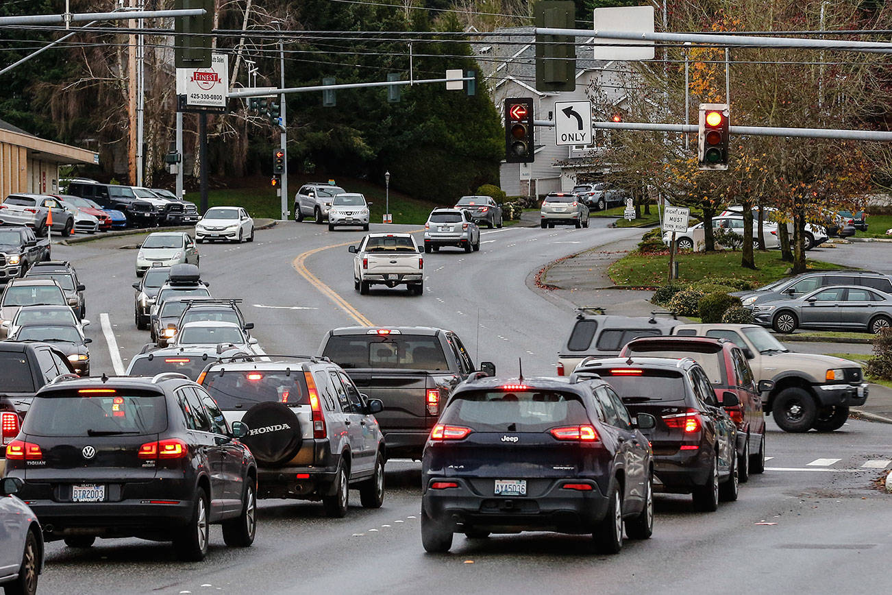 The signage eastbound on 168th Street SW as you approach Highway 99 is confusing and leads to people in the center lane illegally turning left. Lynnwood's traffic engineer said it's all up to standards and code. (Kevin Clark / The Herald)