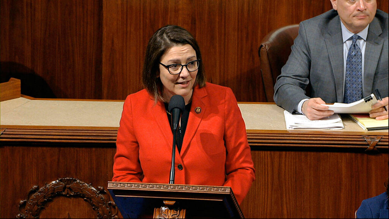 Rep. Suzan DelBene, D-Wash., speaks as the House of Representatives debates the articles of impeachment against President Trump at the Capitol in Washington in December 2019. DelBene will serve as chairwoman of the New Democrat Coalition for the 117th Congress, beginning in January 2021. (Associated Press file photo)