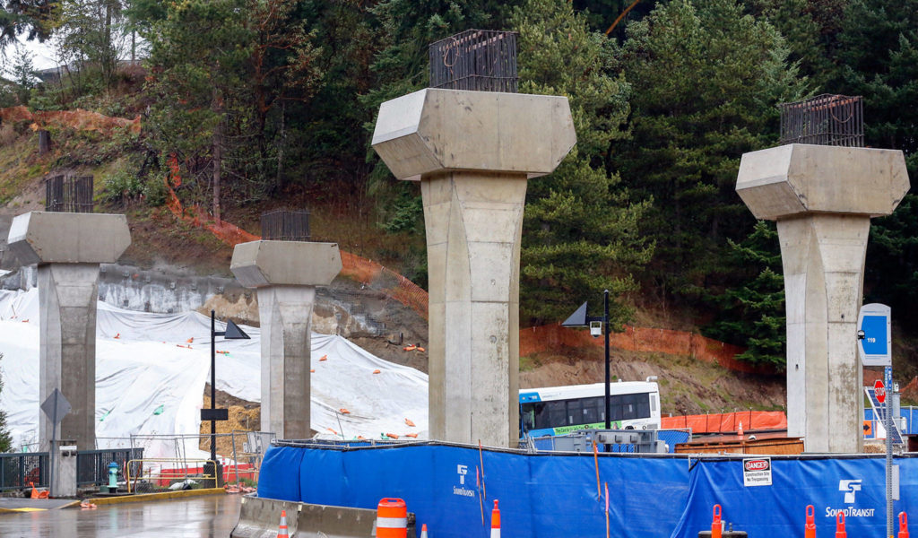 Concrete columns for the Lynnwood Link light rail extension have about 6,200 pounds of bound rebar inside. They’re roughly 6½ feet in diameter and 20 to 30 feet tall. (Kevin Clark / The Herald)

