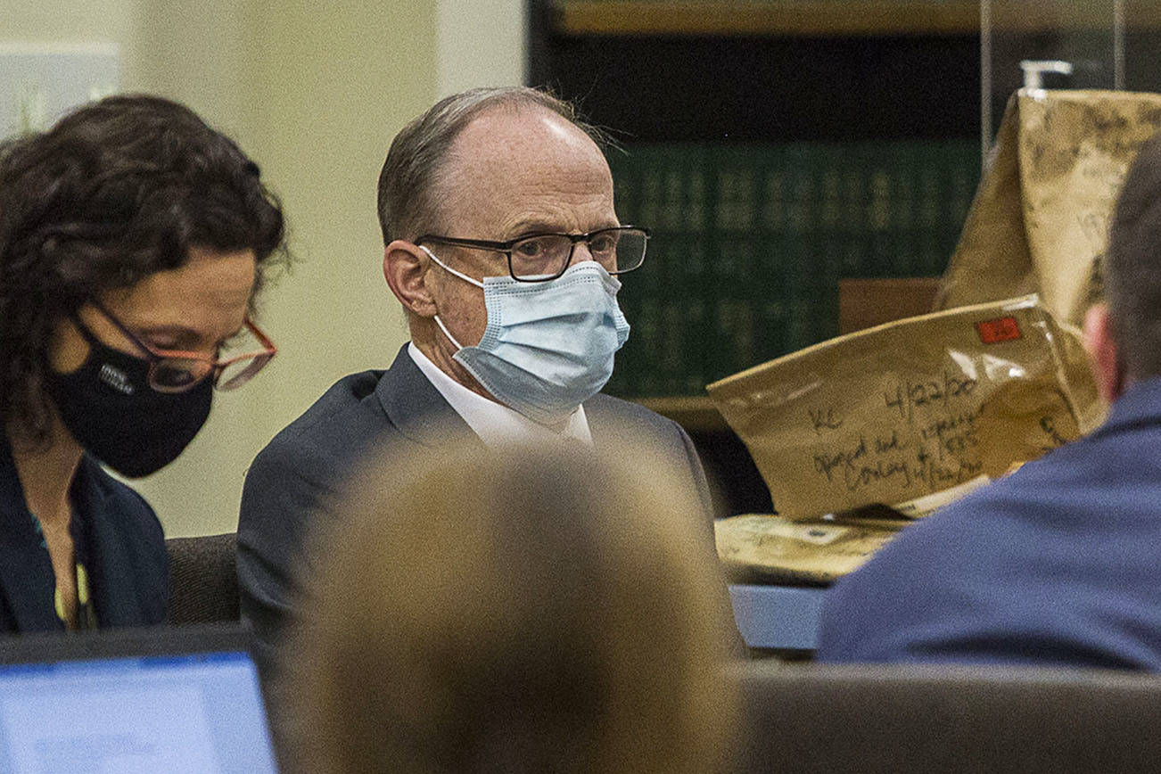 Terrance Miller listens to testimonies during his trial on Wednesday, Oct. 28, 2020 in Everett, Wa. (Olivia Vanni / The Herald)