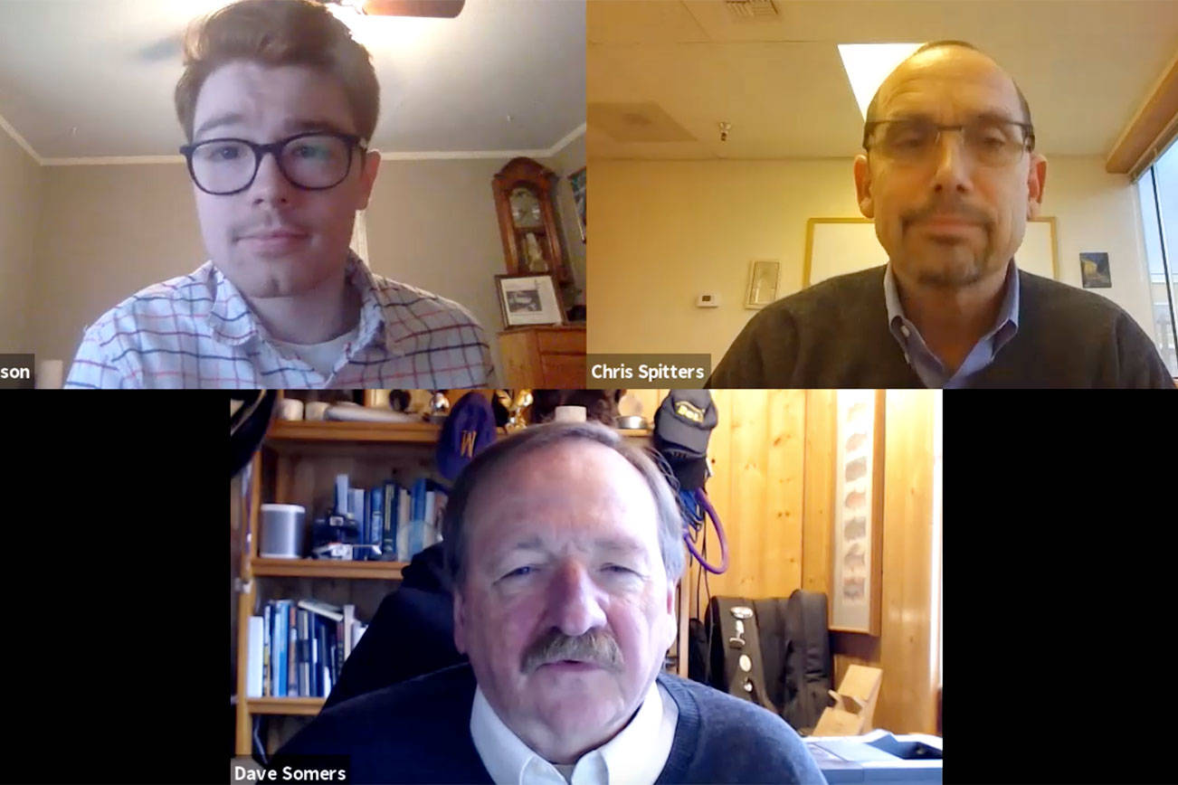 Daily Herald reporter Joseph Thompson, Dr. Chris Spitters of the Snohomish Health District and Snohomish County Executive Dave Somers during a video interview on Dec. 11, 2020.