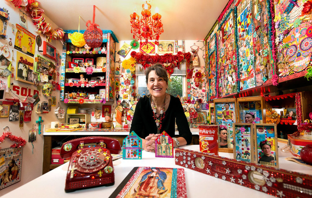 Melissa Halferty in her Frida Kahlo themed craft room at home March 25 in Everett. (Andy Bronson / The Herald)
