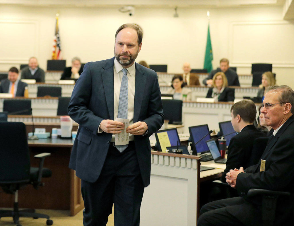 Bill McSherry, vice president of government operations for Boeing Commercial Airplanes, testifies Feb. 25 before the House Finance Committee at the Capitol in Olympia. (AP Photo/Ted S. Warren)
