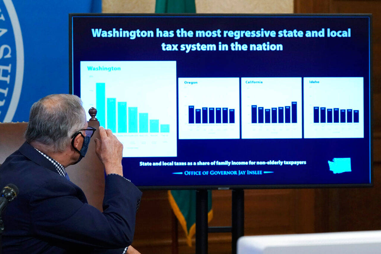 Gov. Jay Inslee looks toward a chart comparing Washington state’s tax system to other Western states as he talks to reporters, Thursday at the Capitol in Olympia. Inslee is proposing a new capital gains tax and a tax on health insurers as part of his two-year budget proposal that seeks to offset the revenue losses the state has seen during the ongoing coronavirus pandemic and to help bolster the state’s public health system. (Ted S. Warren / Associated Press)