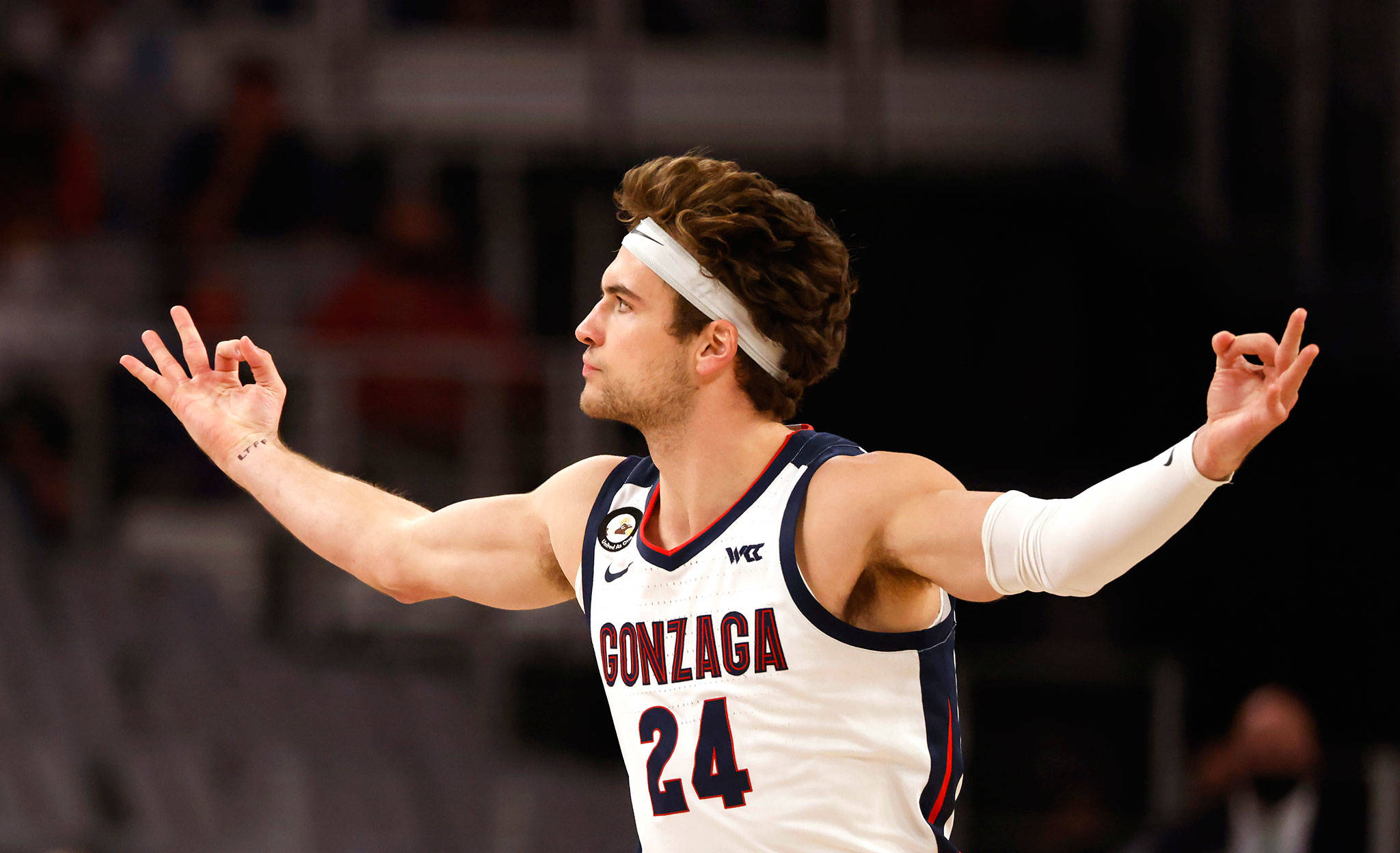 Gonzaga forward Corey Kispert reacts after making a 3-pointer against Virginia during the first half of a game Dec. 26, 2020, in Fort Worth, Texas. (AP Photo/Ron Jenkins)