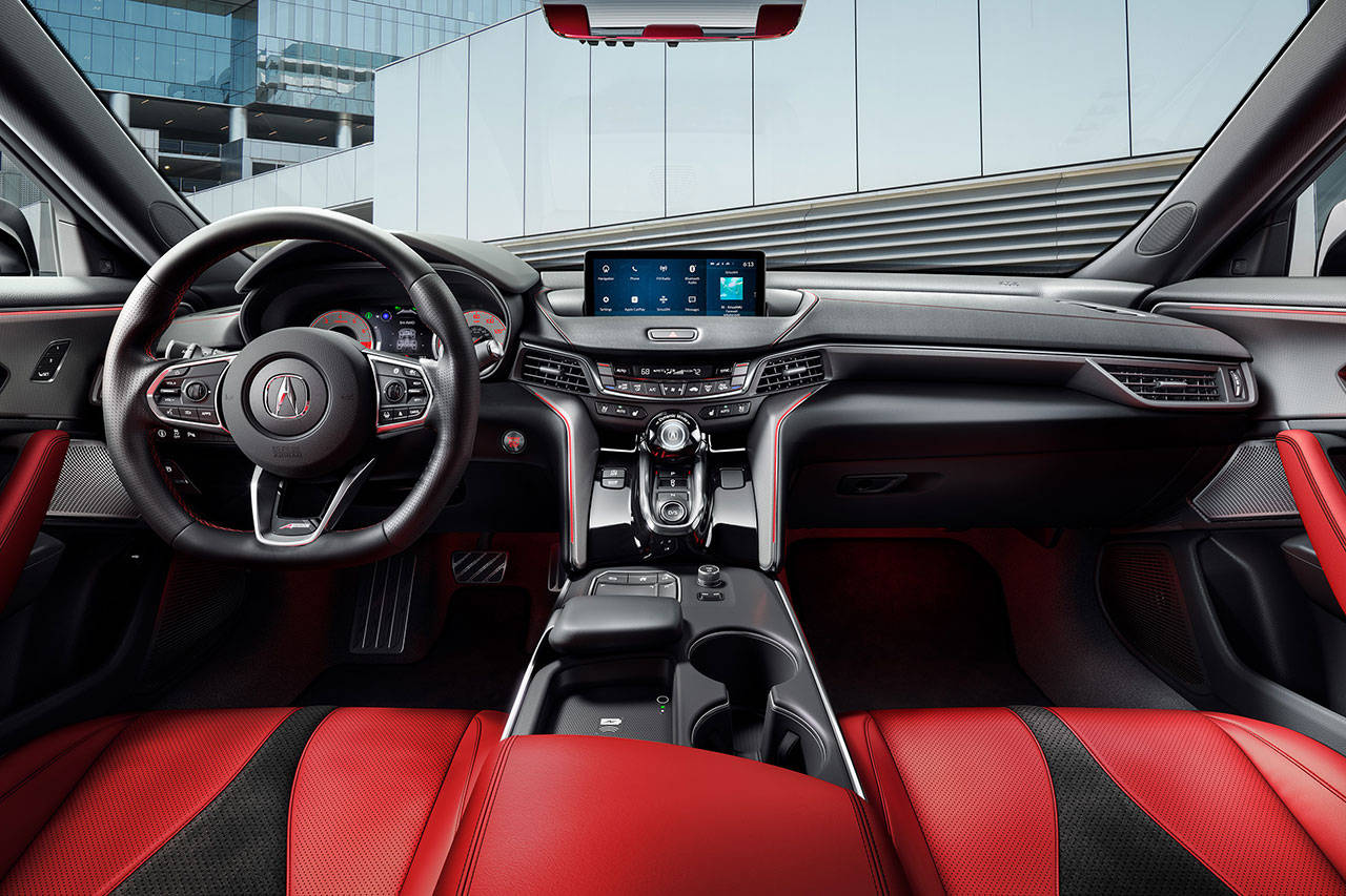 Synthetic suede seat inserts, contrast stitching, and a 17-speaker ELS premium audio system are highlights of the 2021 Acura TLX A-Spec interior. (Manufacturer photo)