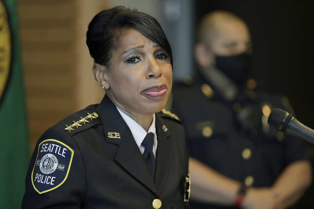 Seattle Police Chief Carmen Best speaks during a news conference Aug. 11 in Seattle. Best, the first Black woman to lead Seattle’s police department, stepped down in September following cuts to her budget that would reduce the department by as many as 100 officers. (AP Photo/Ted S. Warren, file)
