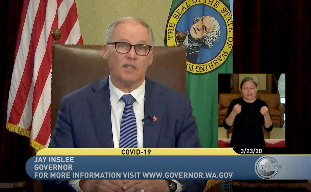 Washington Gov. Jay Inslee delivers a statewide TV address on March 23. (TVW)

