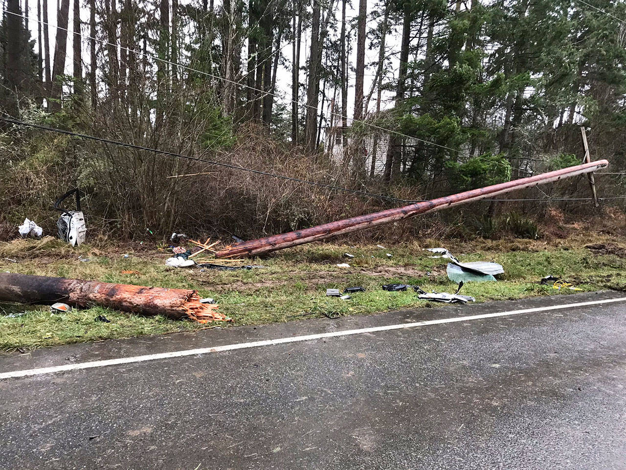 A driver died in a crash that took out a telephone pole Saturday on Camano Island. Two people were left with serious injuries. (Washington State Patrol)