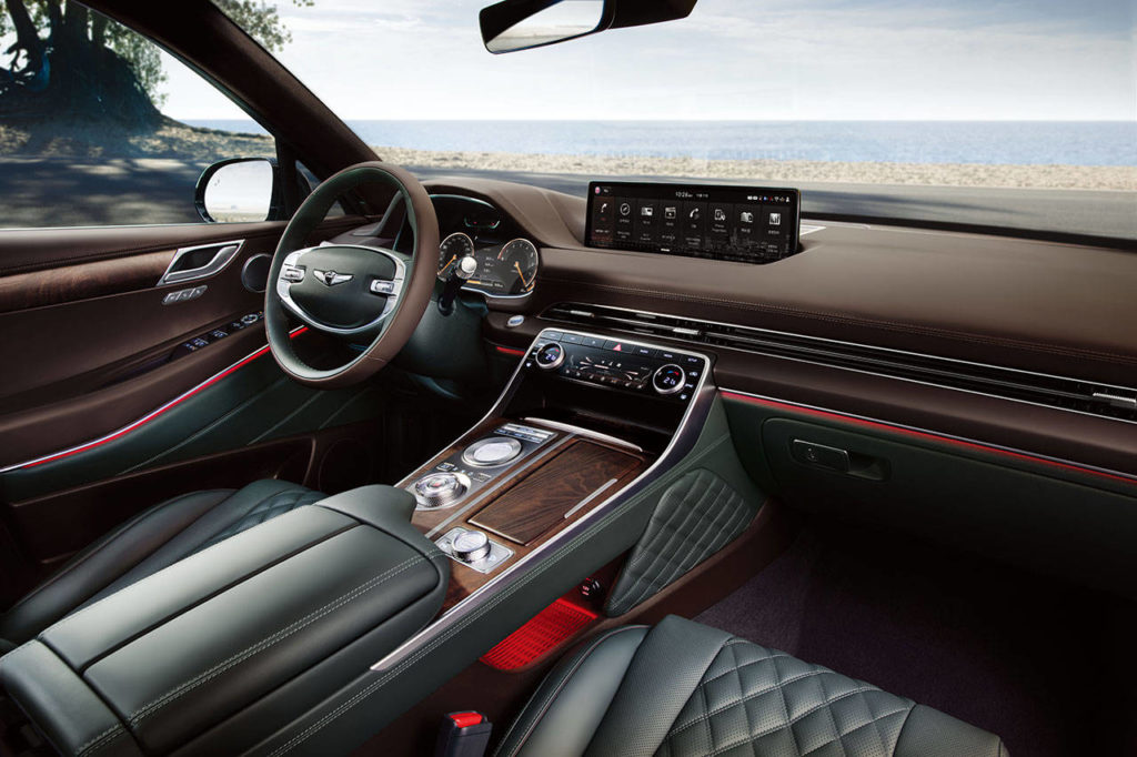 Bold, unique styling singles out the 2021 Genesis GV80 interior. (Manufacturer photo)
