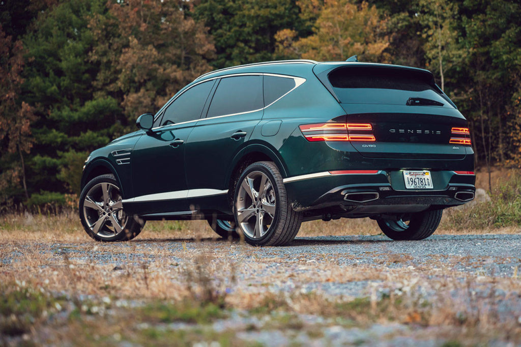 The 2021 Genesis GV80 luxury midsize SUV has two rows of seats, accommodating five passengers. A third row is optional. (Manufacturer photo)
