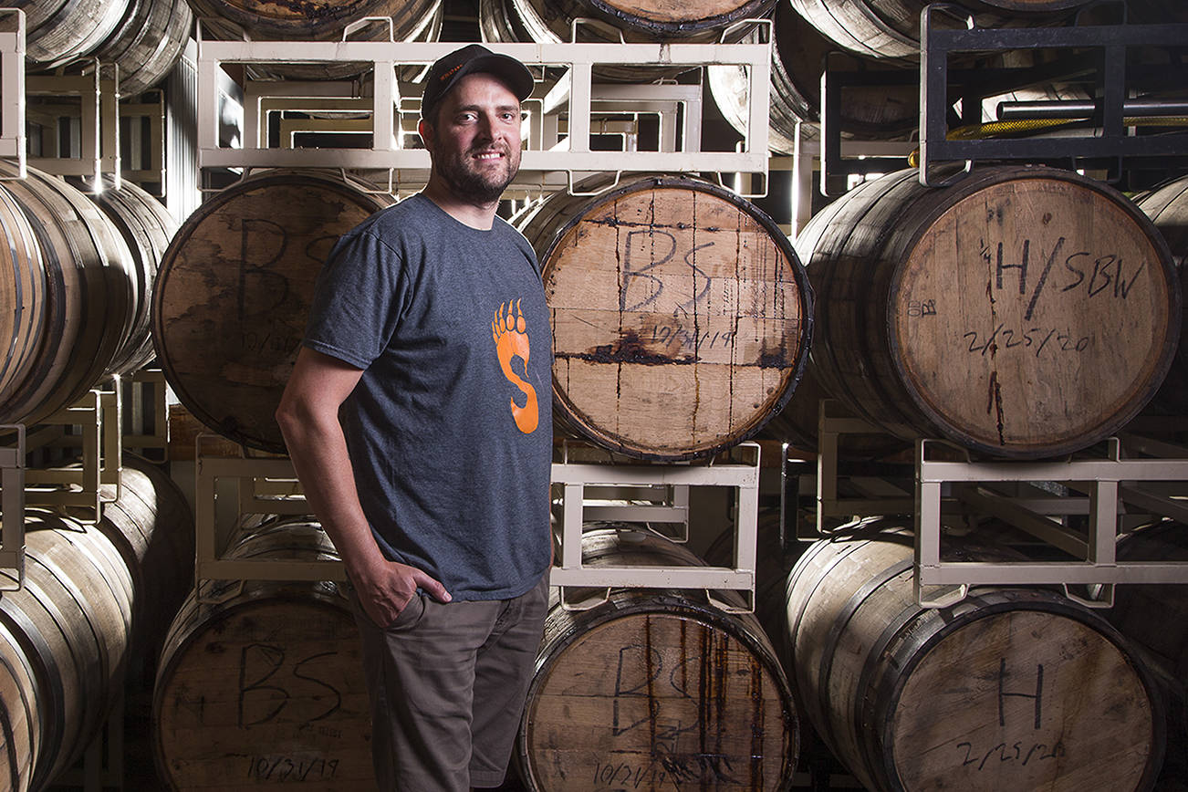 Head Brewer Hollis Wood at Skkokum Brewery, with beer barrel aged beers, on Monday, Sept. 21, 2020 in Arlington, Washington.  (Andy Bronson / The Herald)