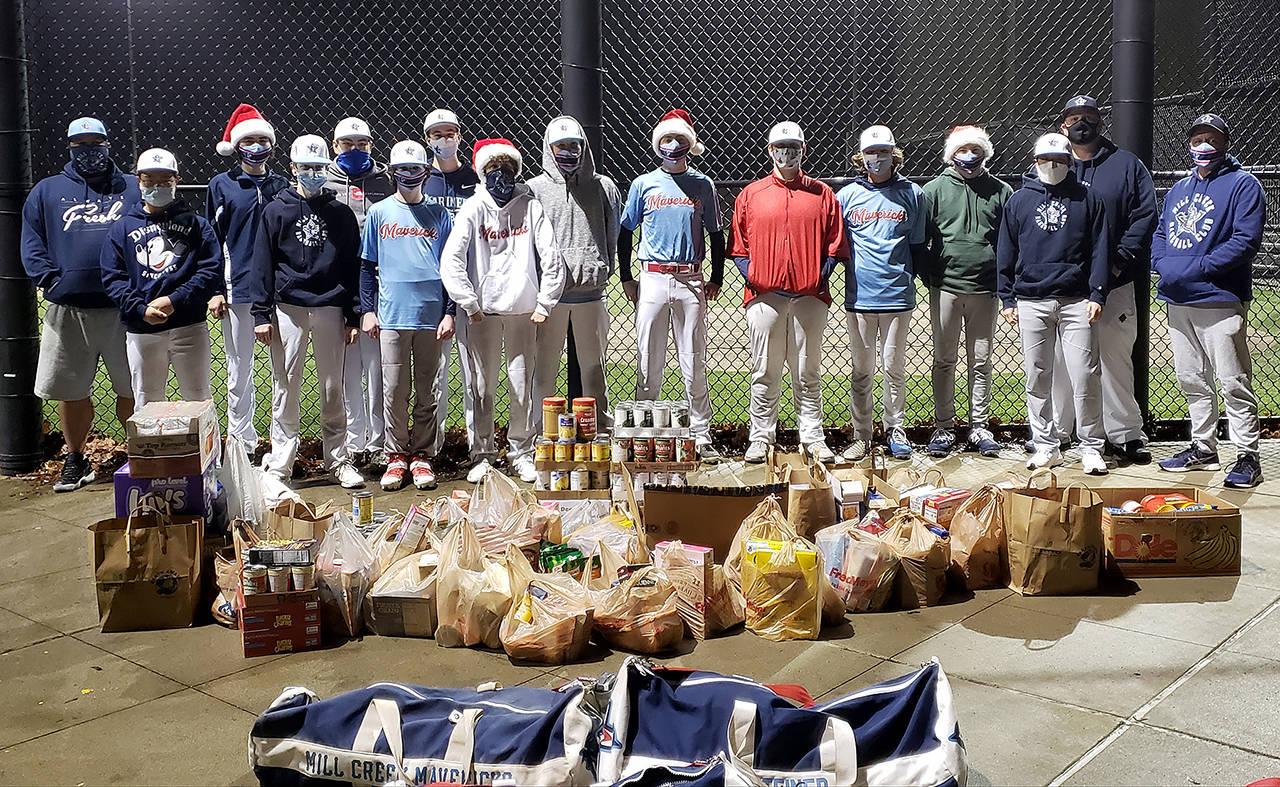 The Mill Creek Mavericks 16U baseball team helped raise funds and food for the local food bank. (Mill Creek Baseball Club)