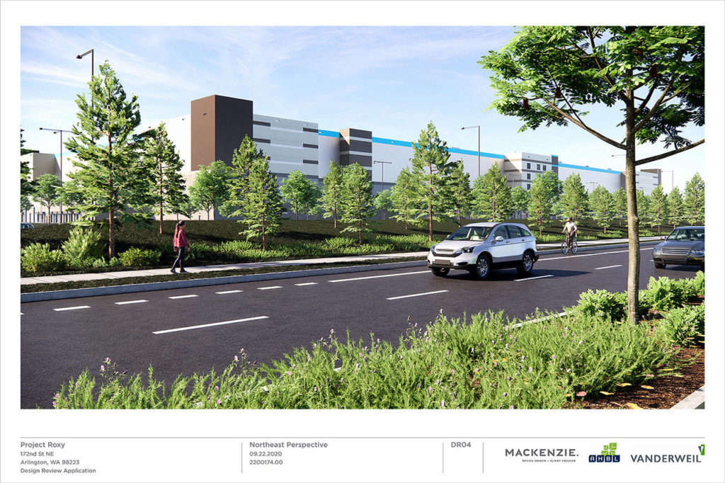Project Roxy is a proposed 2.8 million square foot distribution center that would be built on a 75-acre parcel at the Cascade Industrial Center. The rendering depicts the proposed project at 4620 172nd Street in Arlington from a northeast perspective.

