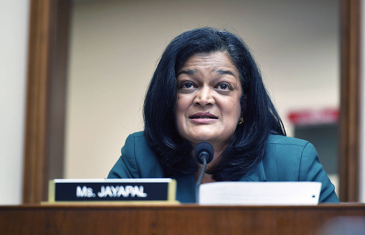 In this July 2020 photo, Rep. Pramila Jayapal speaks during a House Judiciary subcommittee on antitrust on Capitol Hill in Washington. Jayapal says she has tested positive for COVID-19. She criticized Republican members of Congress who declined to wear a mask when it was offered to them during the Jan. 6 violent protest on Capitol Hill. (Mandel Ngan/Pool via AP, File)