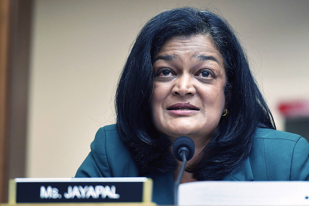 FILE - In this July 29, 2020 file photo, Rep. Pramila Jayapal, D-Wash., speaks during a House Judiciary subcommittee on antitrust on Capitol Hill in Washington. A second Democratic member of the House who was forced to go into lockdown during last week’s violent protest has tested positive for COVID-19. Rep. Pramila Jayapal of Washington says she has tested positive. She criticized Republican members of Congress who declined to wear a mask when it was offered to them. (Mandel Ngan/Pool via AP, File)