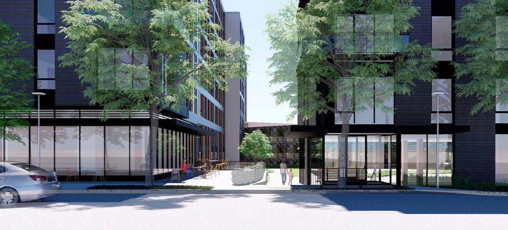 Trent Development has applied to build 350 studio, one-bedroom and two-bedroom apartments in the Lynnwood City Center with a goal of opening in time for the Lynnwood Link light rail in 2024. (Trent Development)
